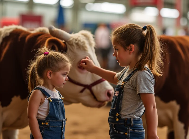 Two young children looking at cows at a county fair.