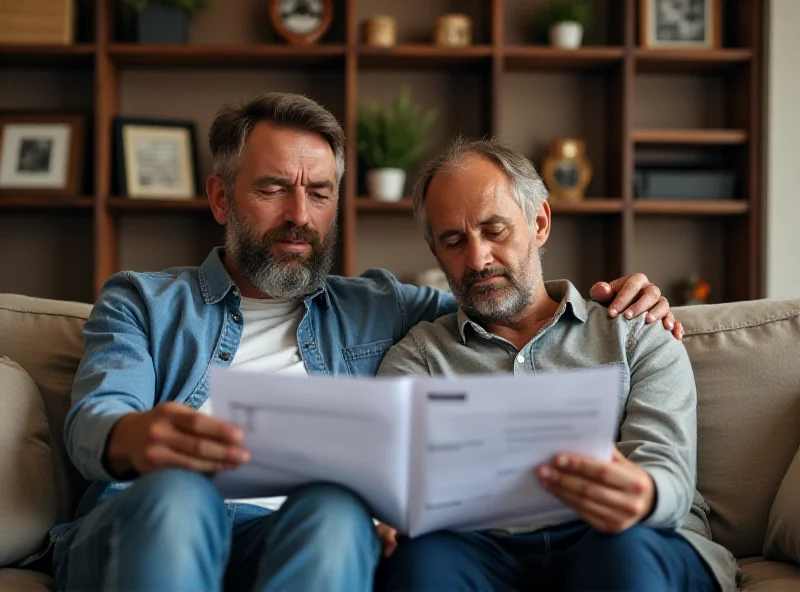 A couple sitting on their couch, looking concerned and reviewing financial documents.