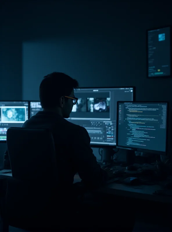 A worried film director sitting in a dark editing suite with AI-generated film elements visible on the screen.