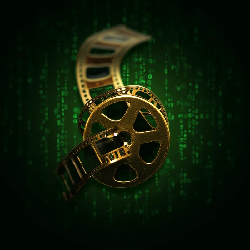 A stylized representation of a film reel intertwined with binary code, symbolizing the intersection of film and AI.