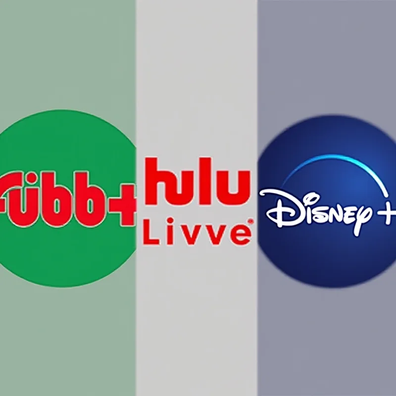 A split screen showing the logos of Fubo TV, Hulu + Live TV, and Disney+, symbolizing the potential merger and expanded content offerings.