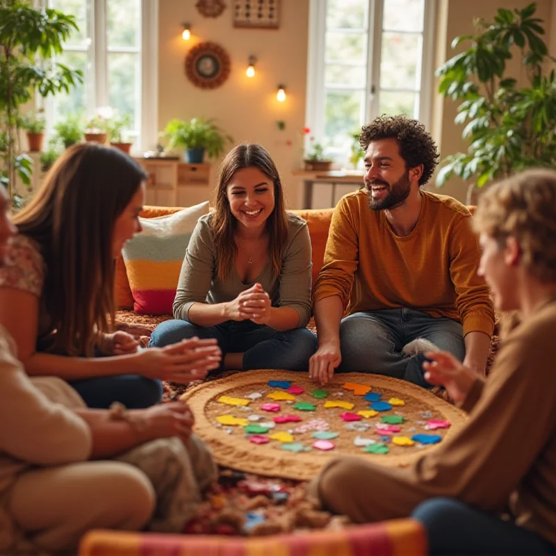 A group of friends laughing and playing a party game together in a brightly lit living room.