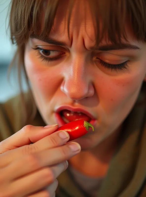 Close-up photo of a person's face reacting with surprise and discomfort to eating a very spicy pepper.