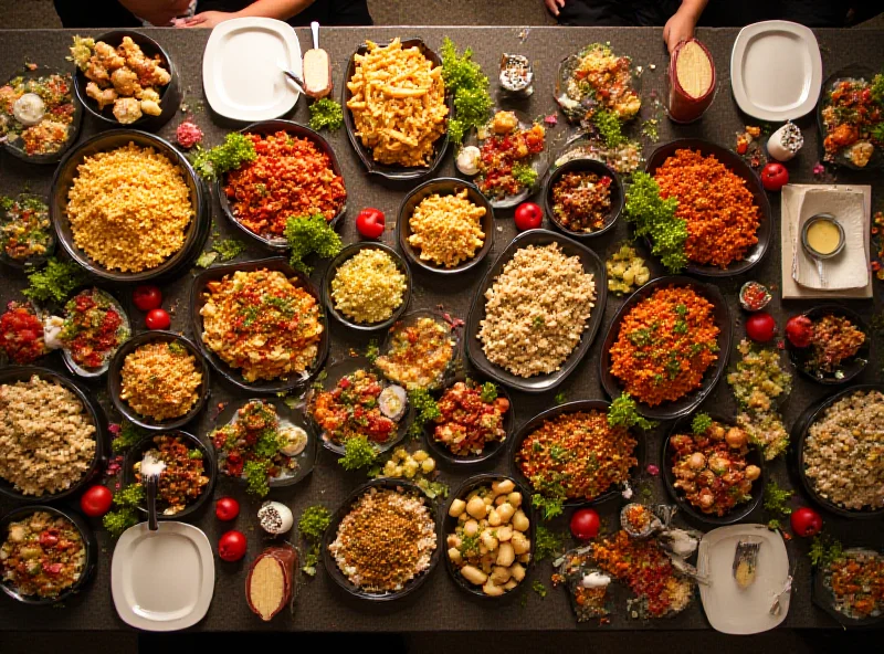 Overhead shot of a colorful and diverse buffet table filled with various international dishes.