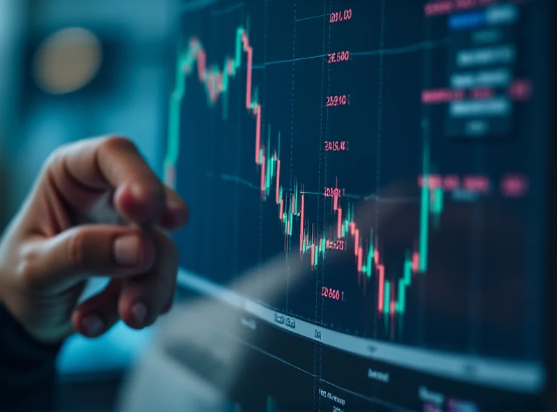 Close-up of a person analyzing stock charts on a computer screen, with a focus on candlestick patterns and trading volume, representing the process of investment analysis.