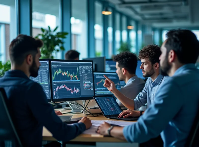 Finance team working on computers, analyzing data and charts related to foreign exchange rates.