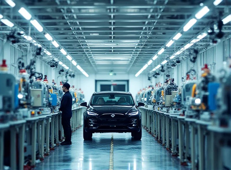 A modern electric vehicle assembly line in a Canadian factory, with robots and workers collaborating on the production process.