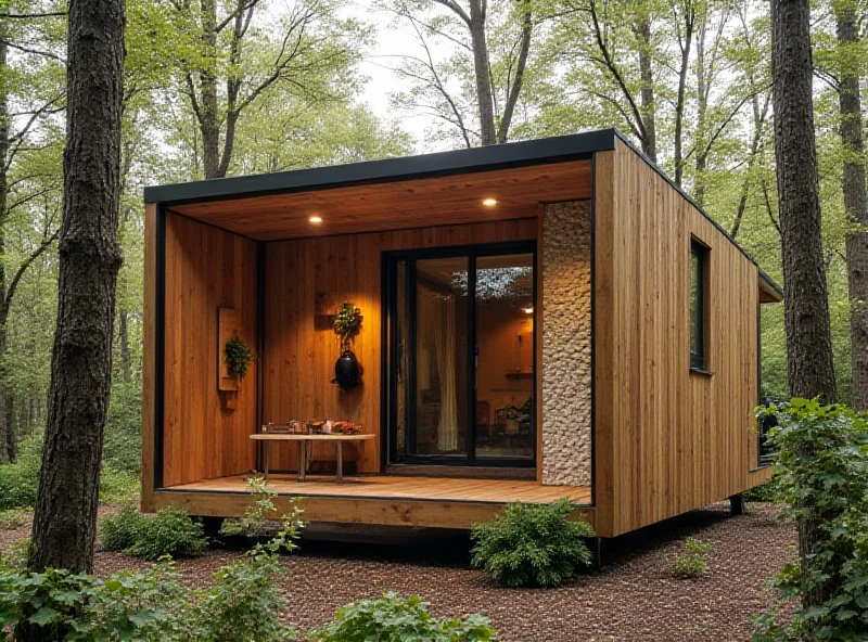 Exterior view of a small, modern modular cottage with wooden cladding. Some sections of the walls are covered with a textured, organic material made from bracket fungus.