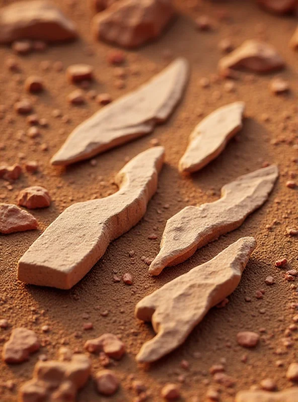 Close-up photograph of several ancient stone blades lying on a rocky surface. The blades are various shapes and sizes, showing signs of wear and tear. The background consists of rough, desert terrain.