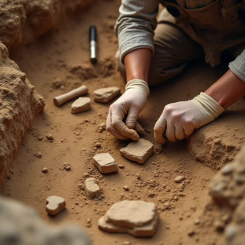 Archaeologist carefully brushing dirt away from a stone artifact during an excavation. The archaeologist is wearing gloves and using small tools to uncover the artifact. Other tools and excavation equipment are visible in the background.