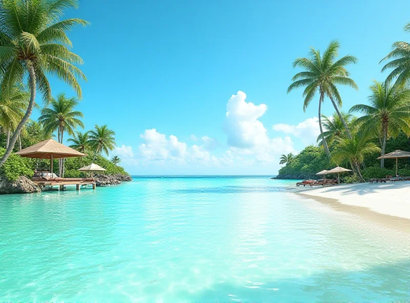 AI generated image of a luxury tropical island resort with a music stage in the distance. Palm trees, turquoise water, and a clear blue sky create a sense of paradise. The image hints at a well-organized and extravagant event, contrasting with the original Fyre Festival's chaos.