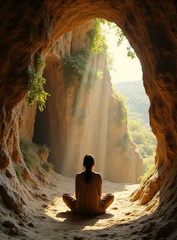 AI generated image of a person sitting peacefully inside a naturally lit cave. The person is wearing simple clothing and appears content. Sunlight streams through the cave entrance, illuminating the rocky walls and a small, makeshift living space. Hints of nature, like vines and moss, add to the serene atmosphere.