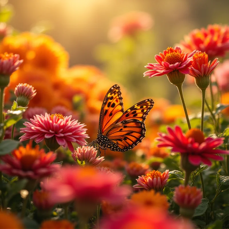 AI generated image of a vibrant and colorful garden filled with a variety of flowers in full bloom. Hidden among the petals and leaves is a cleverly concealed butterfly, camouflaged to blend in with its surroundings. The lighting is bright and natural, highlighting the intricate details of the flora and fauna.