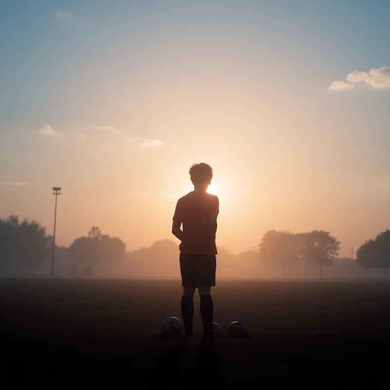 A silhouette of a soccer player standing on a field looking up at a bright, hopeful sky.