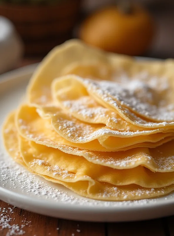 Close-up of Galician filloas, dusted with sugar.