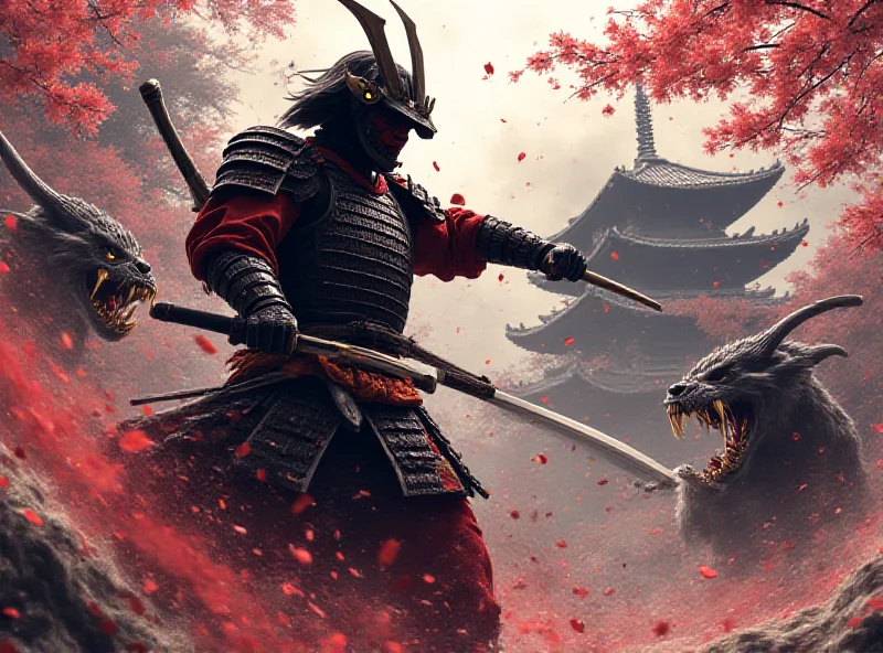 A samurai warrior in a fierce battle scene, wielding a katana against demonic creatures in a stylized feudal Japan setting.