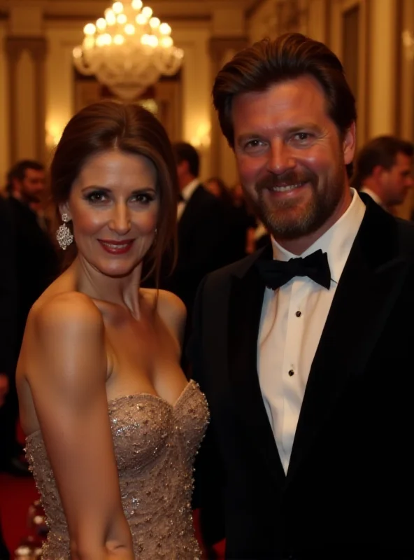 Princess Beatrice and Edoardo Mapelli Mozzi attending a gala event, dressed elegantly and smiling at the camera.