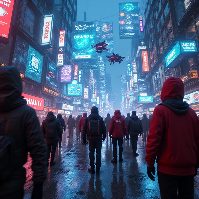 A futuristic cityscape dominated by holographic advertisements for 'Creepz' games and NFTs. The environment is bustling with diverse characters, some of whom are sporting 'Creepz' merchandise and interacting with augmented reality elements related to the brand.