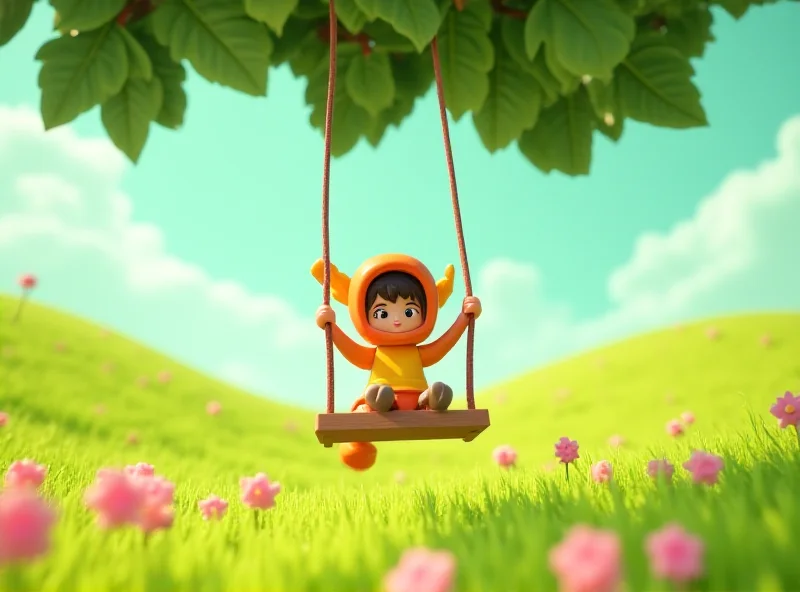 Screenshot of a character in Split Fiction being pushed on a swing, with a lush, colorful environment in the background.