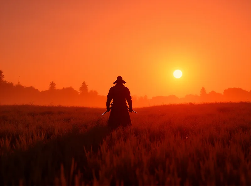 A cinematic shot from Assassin's Creed Shadows, showcasing a samurai warrior standing in a field of tall grass with a katana in hand, with a vibrant sunset in the background.