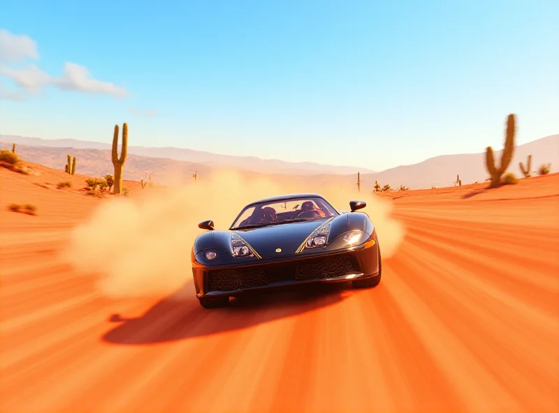 Forza Horizon 5 gameplay on PS5 showing a car racing through a desert landscape.