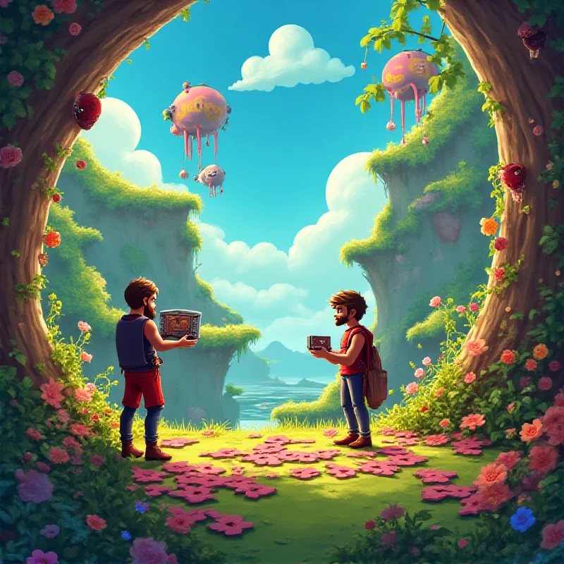 Screenshot from Split Fiction showing two characters working together to solve a puzzle in a colorful, stylized environment.