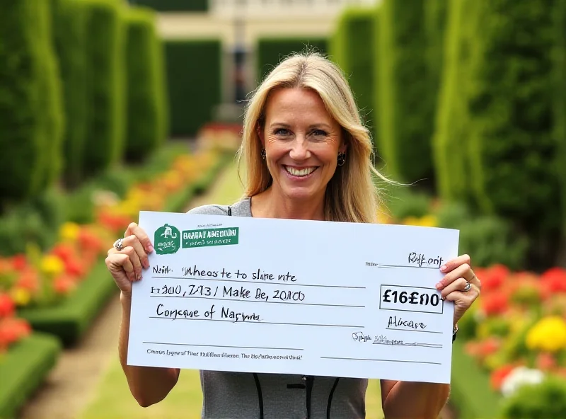 A woman smiling and holding a large novelty cheque for one million pounds.