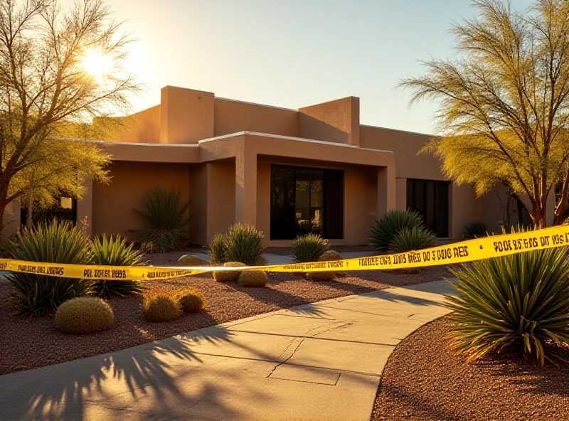 Exterior of a modern home in New Mexico with desert landscaping, police tape visible in the foreground.