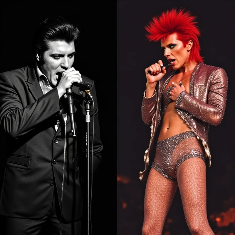 A split image: On the left, a black and white photo of a young Elvis Presley singing into a microphone. On the right, a color photo of David Bowie in his Ziggy Stardust persona, wearing a flamboyant outfit and makeup.