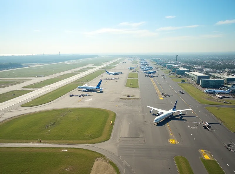 Aerial view of Gatwick Airport with airplanes taking off and landing.