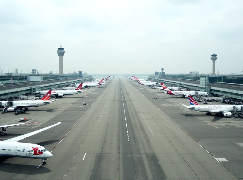 Aerial view of Heathrow Airport with airplanes lined up on the tarmac.