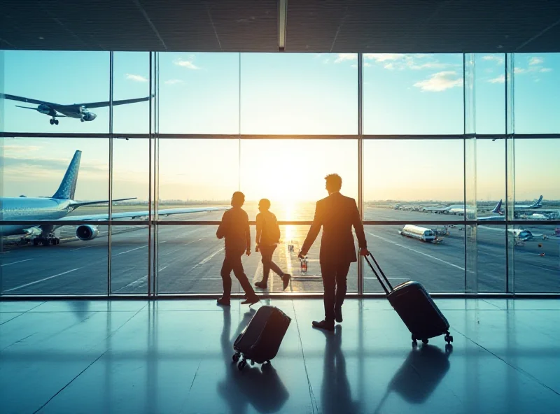 Conceptual image of a modern airport terminal with people walking and airplanes in the background.