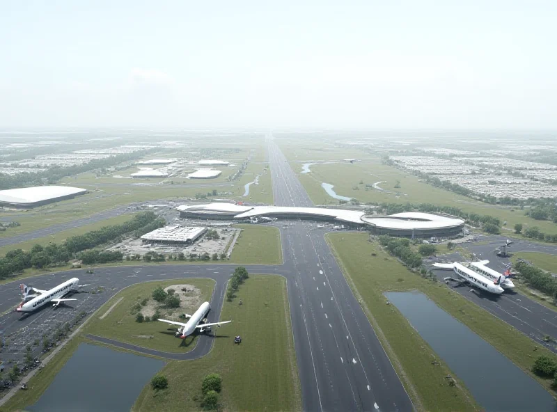 Architectural rendering of the proposed second runway at Gatwick Airport, showing the new runway and associated infrastructure, with planes taking off and landing.