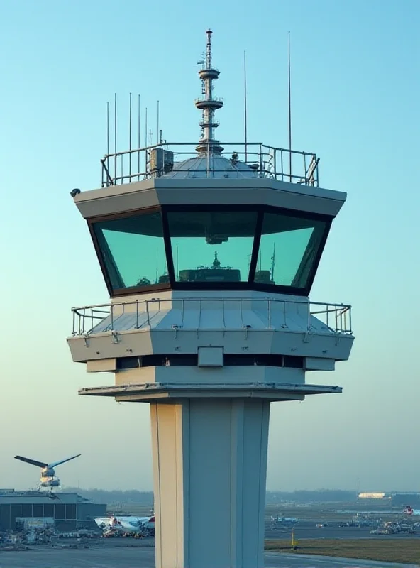 Close-up photograph of a control tower at an airport, emphasizing the complexity and technology involved in managing air traffic.