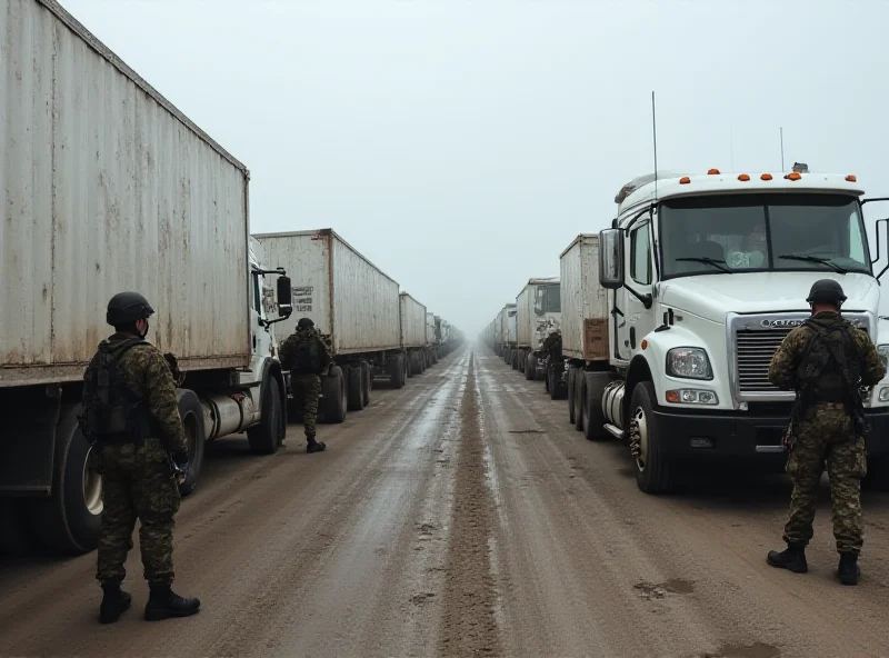 A long line of aid trucks stopped at a border crossing.