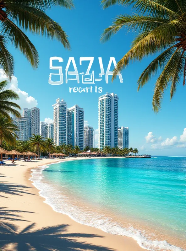 Digital art depicting a luxurious resort complex on a beach with a cityscape in the background, labeled 'Gaza Resort'.