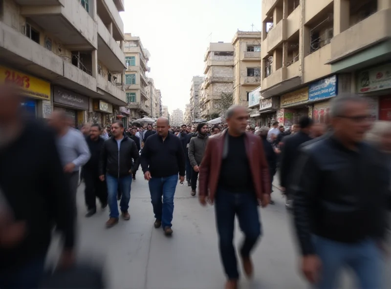 A blurred image of a crowded street in Gaza, showing people going about their daily lives amidst damaged buildings.