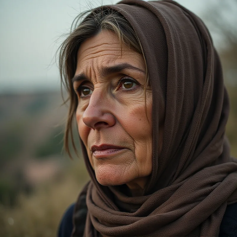 A close-up of a Gazan woman looking thoughtfully into the distance.