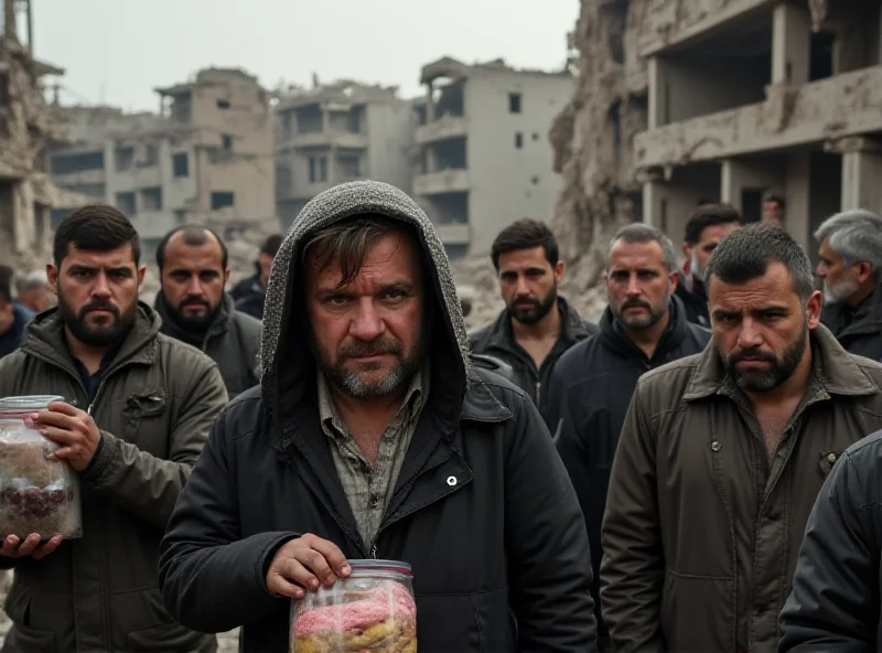 A group of Palestinian people standing in front of a destroyed building, looking distressed and holding empty containers, suggesting a lack of food and supplies. The background shows rubble and damaged structures in a war-torn environment.