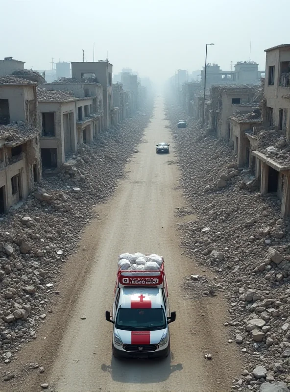 An aerial view of a Red Cross vehicle driving through a war-torn landscape. The vehicle is surrounded by rubble and destroyed buildings. The sky is overcast and gray.