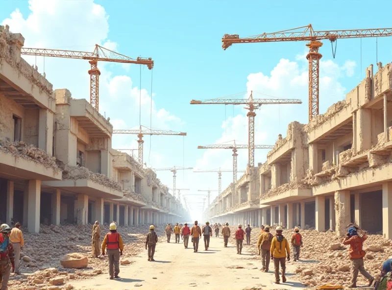 A bustling construction site in a city with a Middle Eastern architectural style. Cranes are lifting materials, and workers are actively building new structures amidst existing buildings. The sky is clear and sunny.