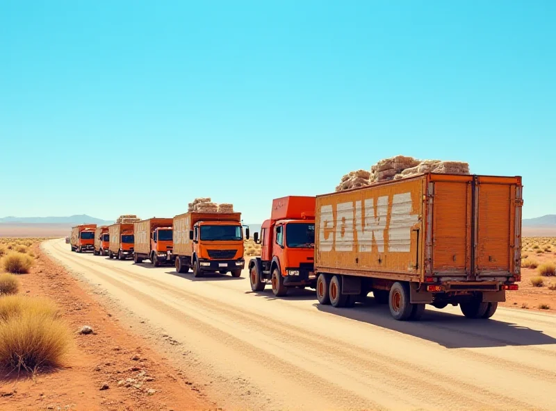 Image of aid trucks lined up at a border crossing, with a general view of a desert landscape in the background.