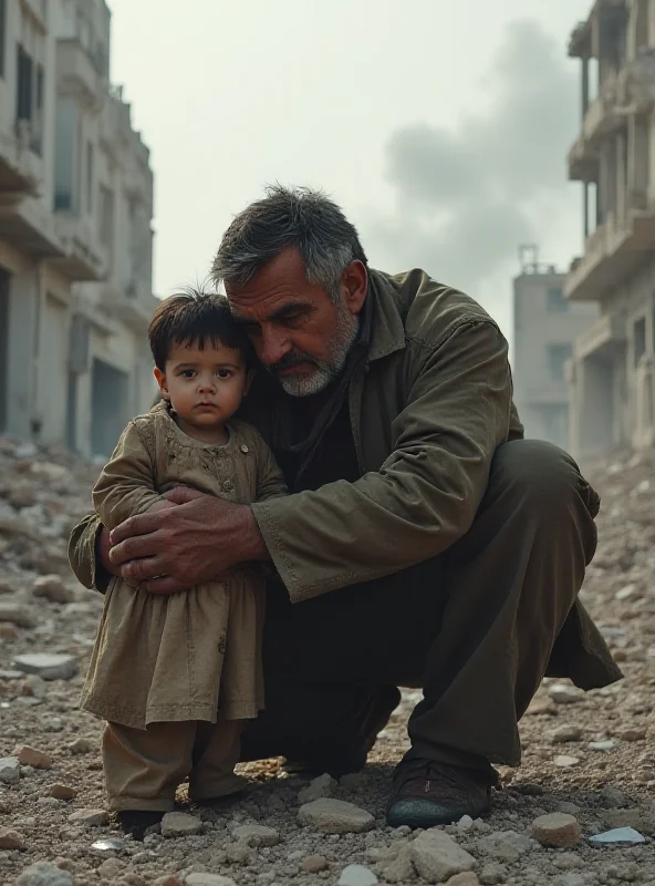 A grieving man in Gaza kneeling amongst rubble and debris, holding a small child. The background shows destroyed buildings and smoke.