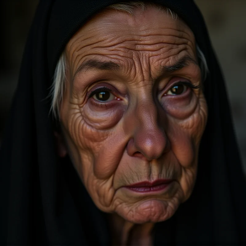 A close-up image of a tearful elderly woman in Gaza, looking directly at the camera. Her face is lined with wrinkles, and her expression conveys deep sadness and despair.