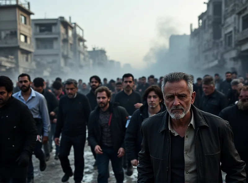 Image of a tense scene in Gaza with smoke and debris. People are rushing away from the scene, showing the urgency of the situation.