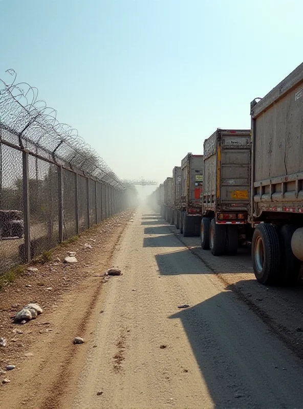 Image depicting a closed border crossing between Israel and Gaza, symbolizing the aid blockade. There are trucks lined up, unable to pass through, and security personnel are visible.