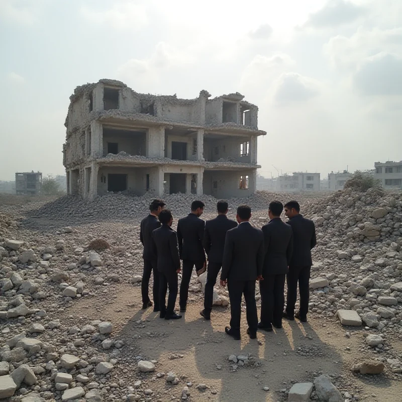 A group of people stands in the rubble of a destroyed building in Gaza, looking distressed. The sky is overcast, and the overall tone is somber.