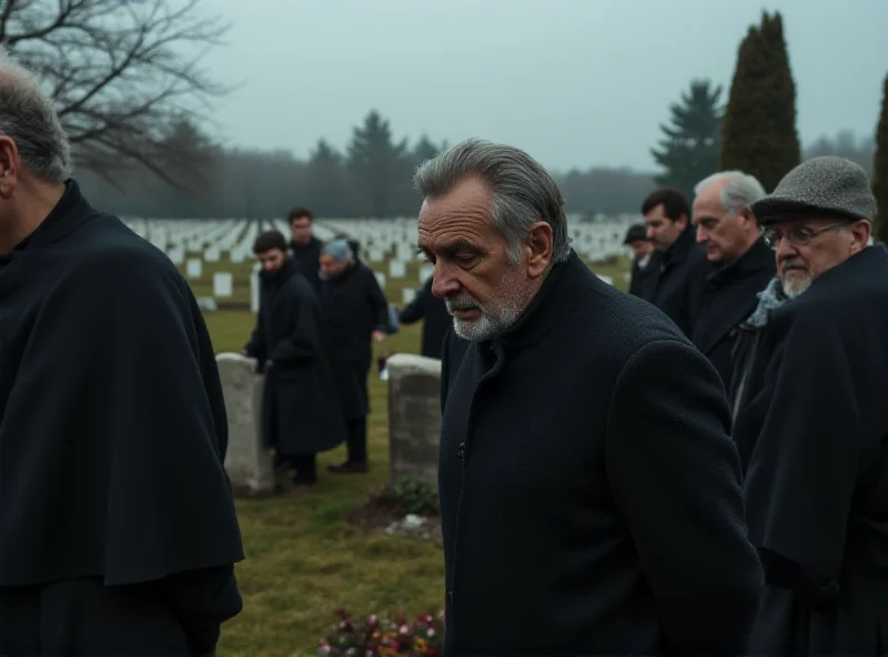 Mourners gathered at a gravesite, paying respects. The atmosphere is solemn and reflective.