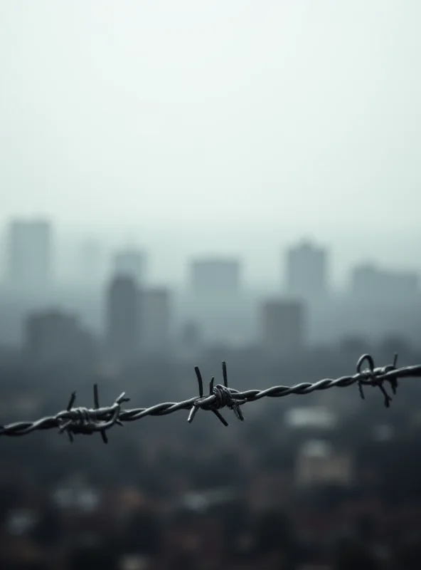 A blurred image of the Gaza skyline with barbed wire in the foreground representing the conflict and tension.