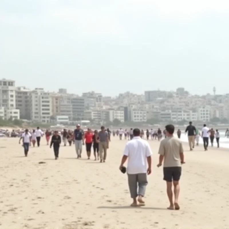 A group of people walking along a sandy beach in Gaza, with buildings and infrastructure visible in the background. The sky is overcast.